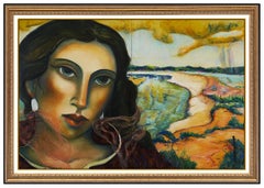 Miguel Martinez Large Pastel Painting On Board Female Portrait Signed Landscape