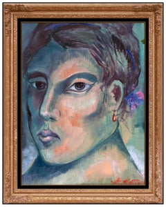 Miguel Martinez Painting Oil On Canvas Female Portrait Signed Framed Artwork SBO