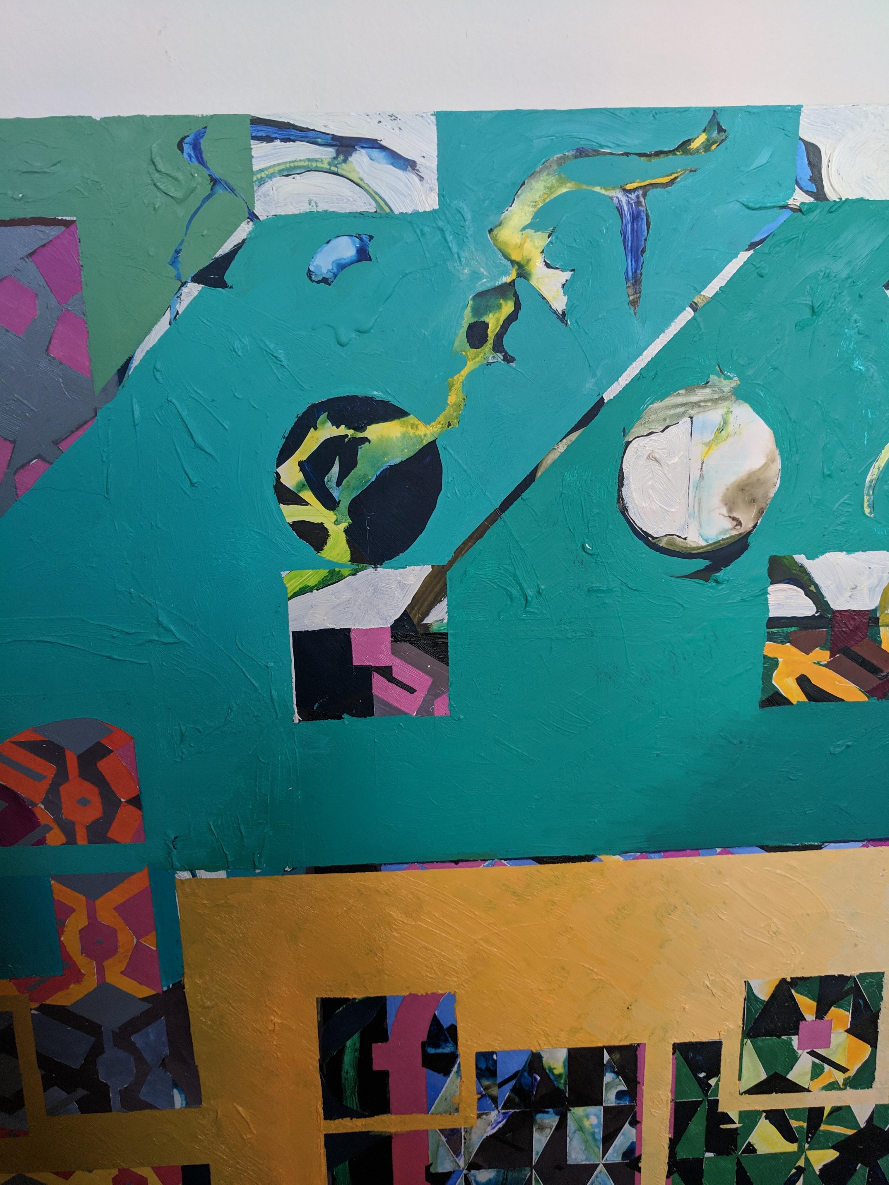 Esta pintura abstracta al óleo y técnica mixta sobre madera es una excelente combinación de lo geométrico y lo fauvista  estilos. Sobre un fondo turquesa, el artista ha utilizado magenta, ocre, blanco y otros colores para lograr una interacción