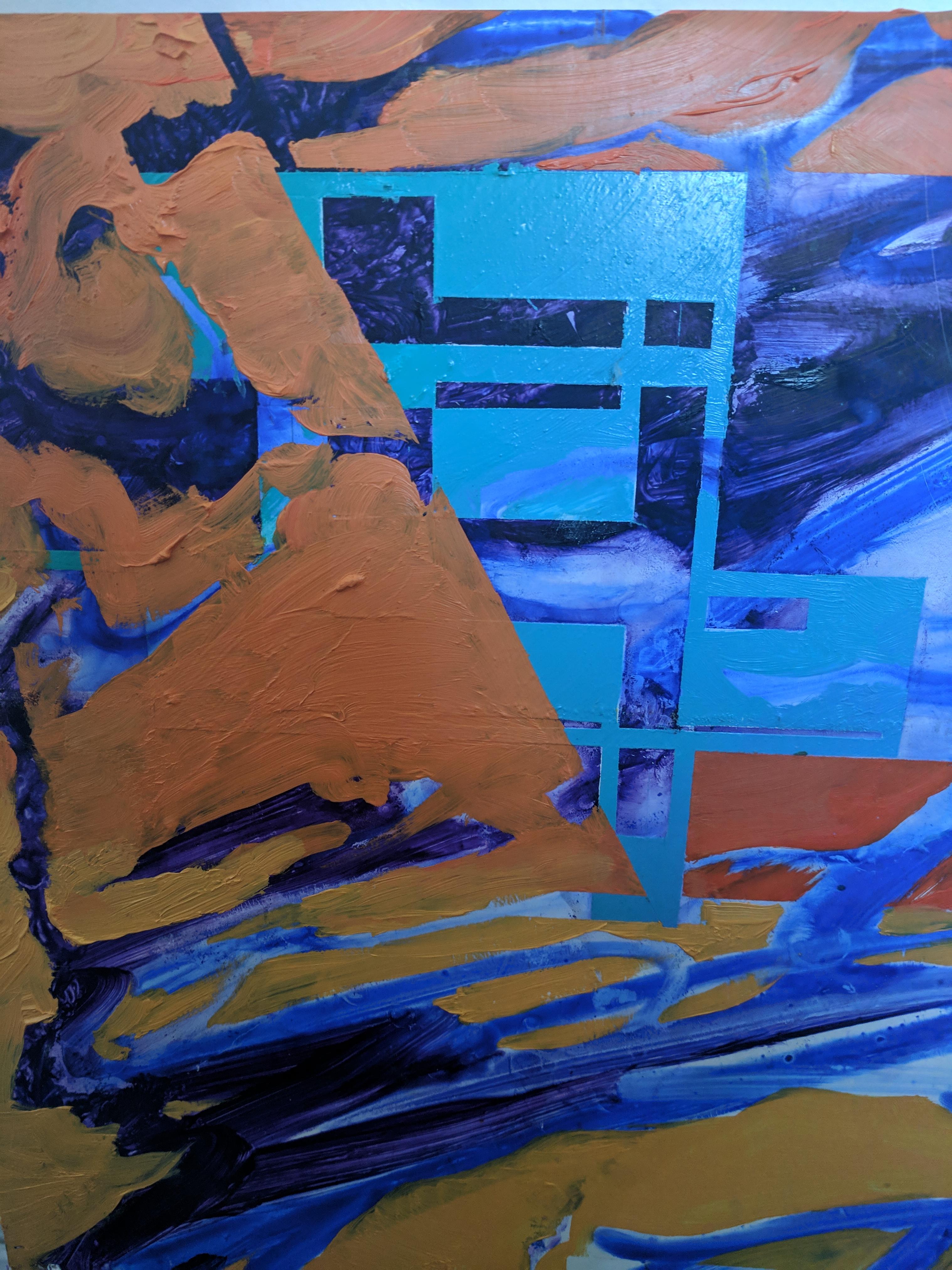 Pittura a olio astratta su tavola -- Esca per squali Plaza - Painting di Miguel Martinez- Riddle