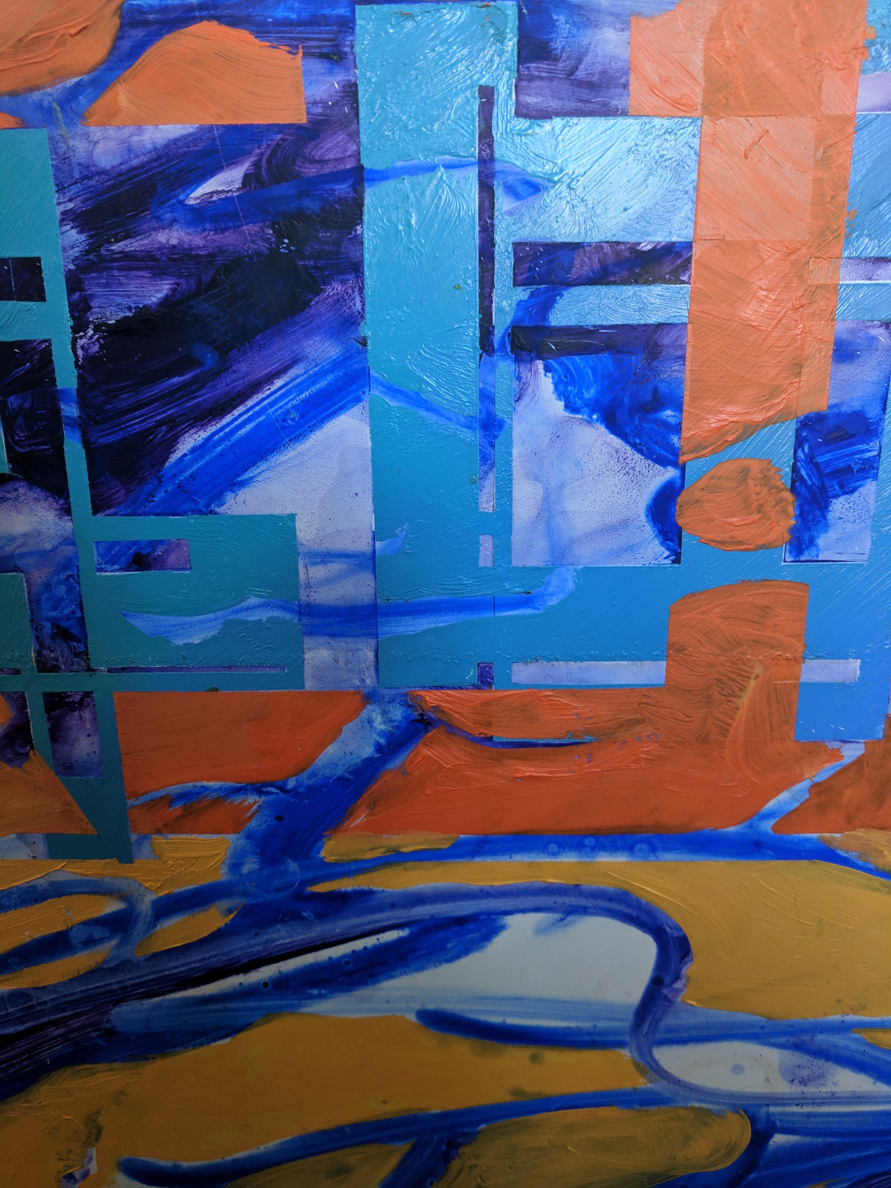 Abstraktes Ölgemälde auf Karton -- Plaza Shark Bait (Geometrische Abstraktion), Painting, von Miguel Martinez- Riddle