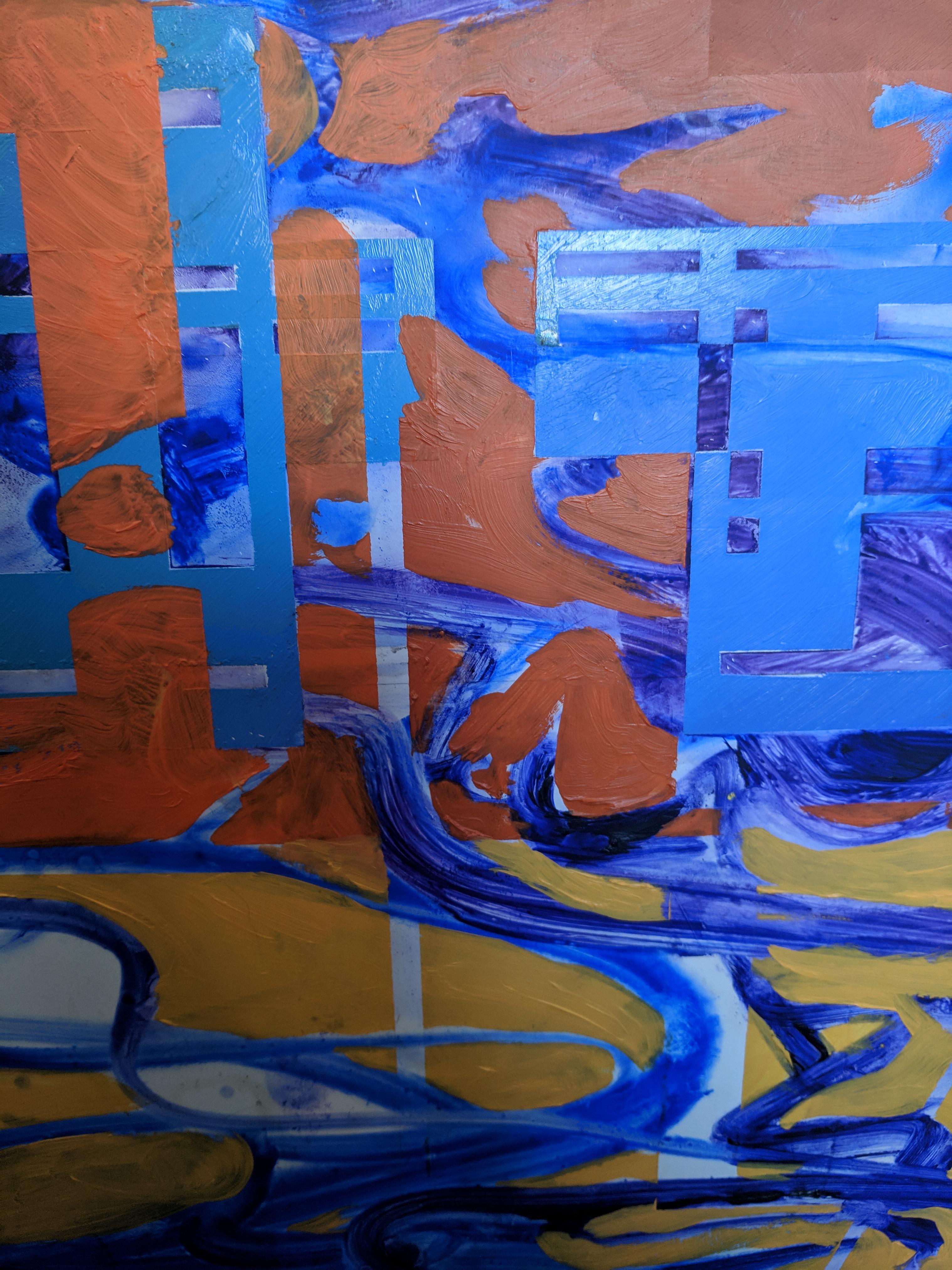 Abstraktes Ölgemälde auf Karton -- Plaza Shark Bait (Violett), Landscape Painting, von Miguel Martinez- Riddle