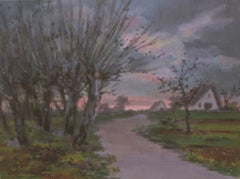 Paysage au coucher du soleil - Huile sur panneau - Signé et encadré