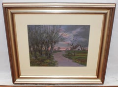Paysage au coucher du soleil - Huile sur panneau - Signé et encadré