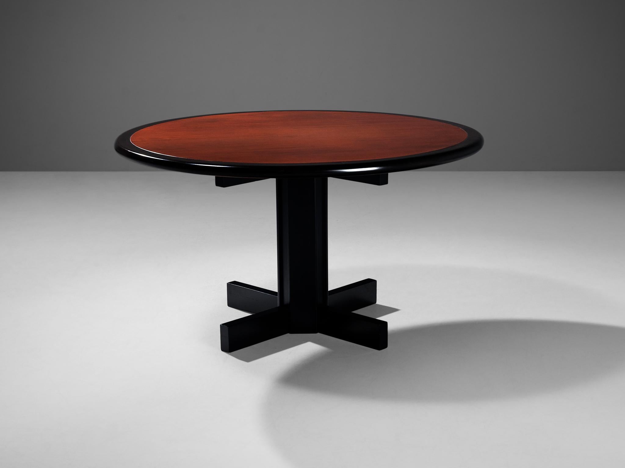 Miguel Milá for Gres, dining or center table, ukola wood, black lacquered wood, Spain, 1964

Lovely and sculptural round 'Altar' dining table designed by Spanish designer Miguel Milá in 1964 and produced by Gres. The design of this table conforms to