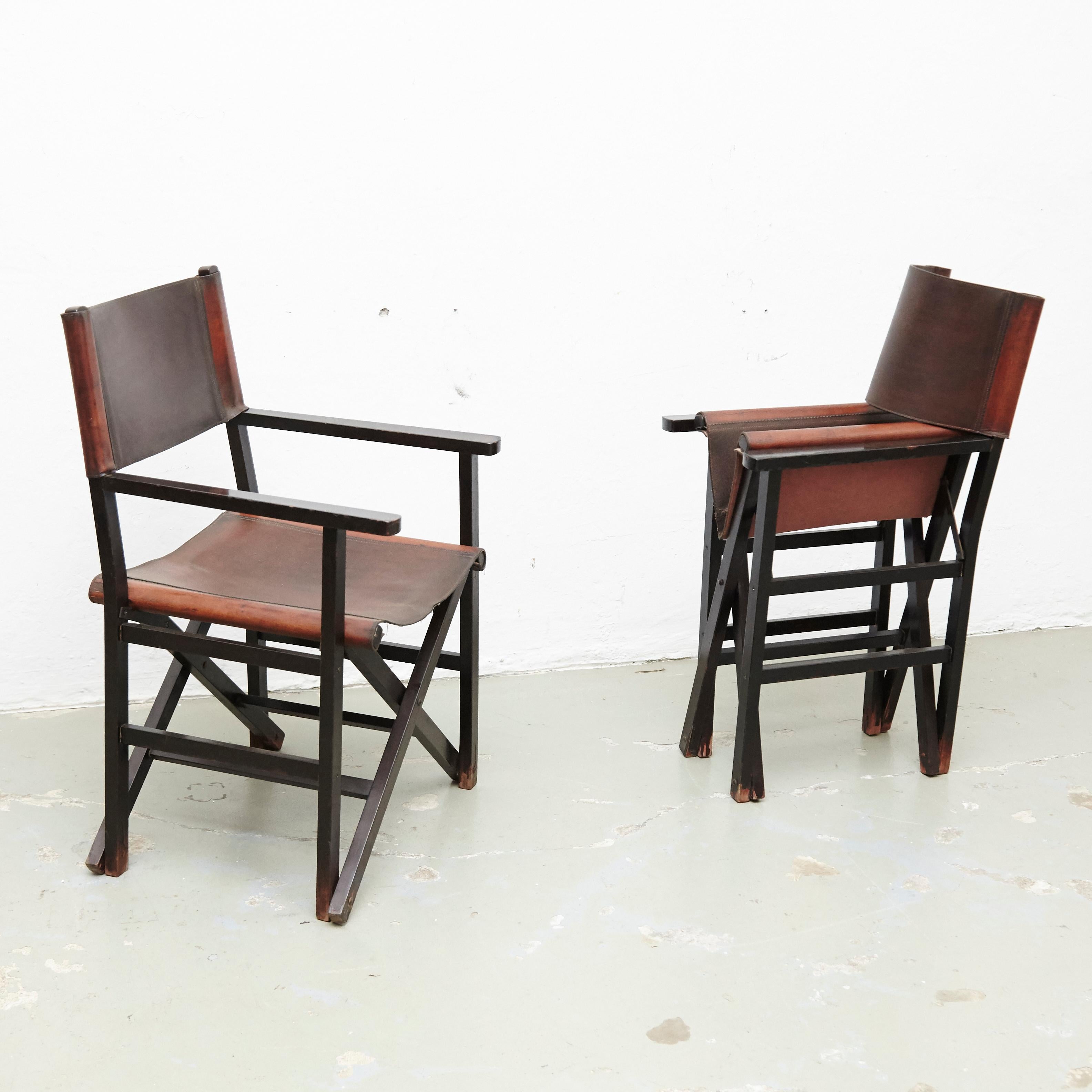 Mid-Century Modern Miguel Mila Set of 4 Leather Folding Chairs by Gres Edition, circa 1960