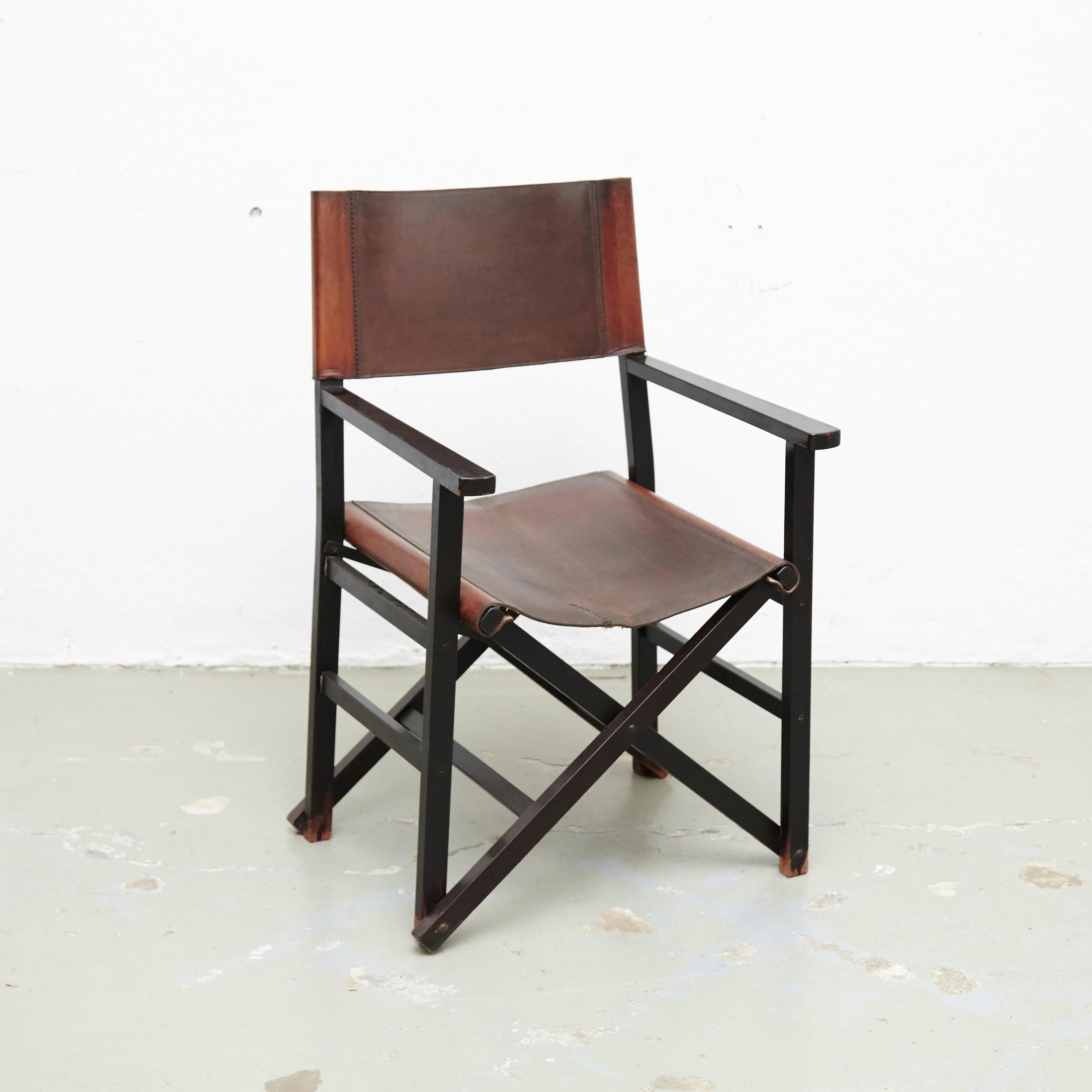 Spanish Miguel Mila Set of 4 Leather Folding Chairs by Gres Edition, circa 1960