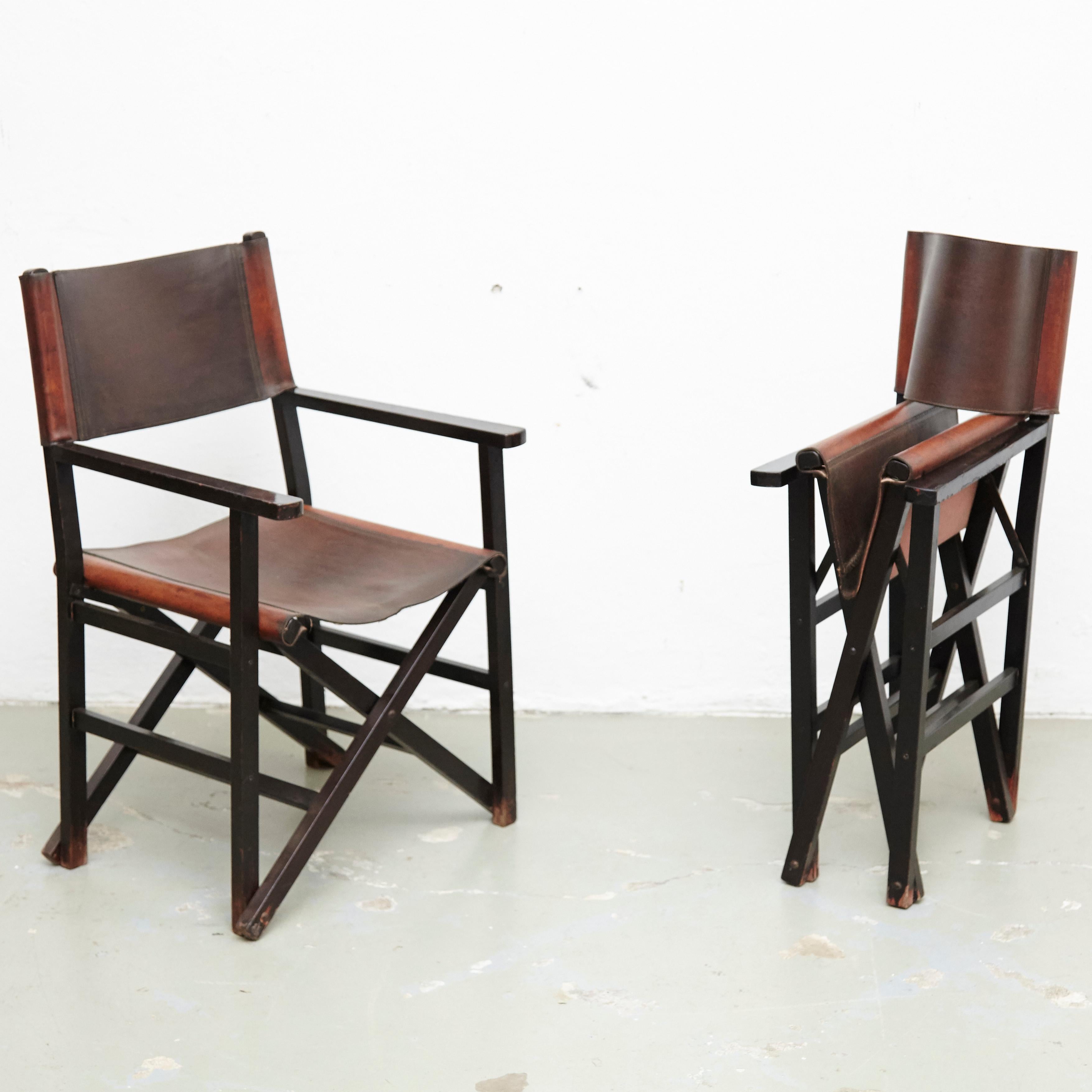Miguel Mila Set of 4 Leather Folding Chairs by Gres Edition, circa 1960 In Good Condition In Barcelona, Barcelona
