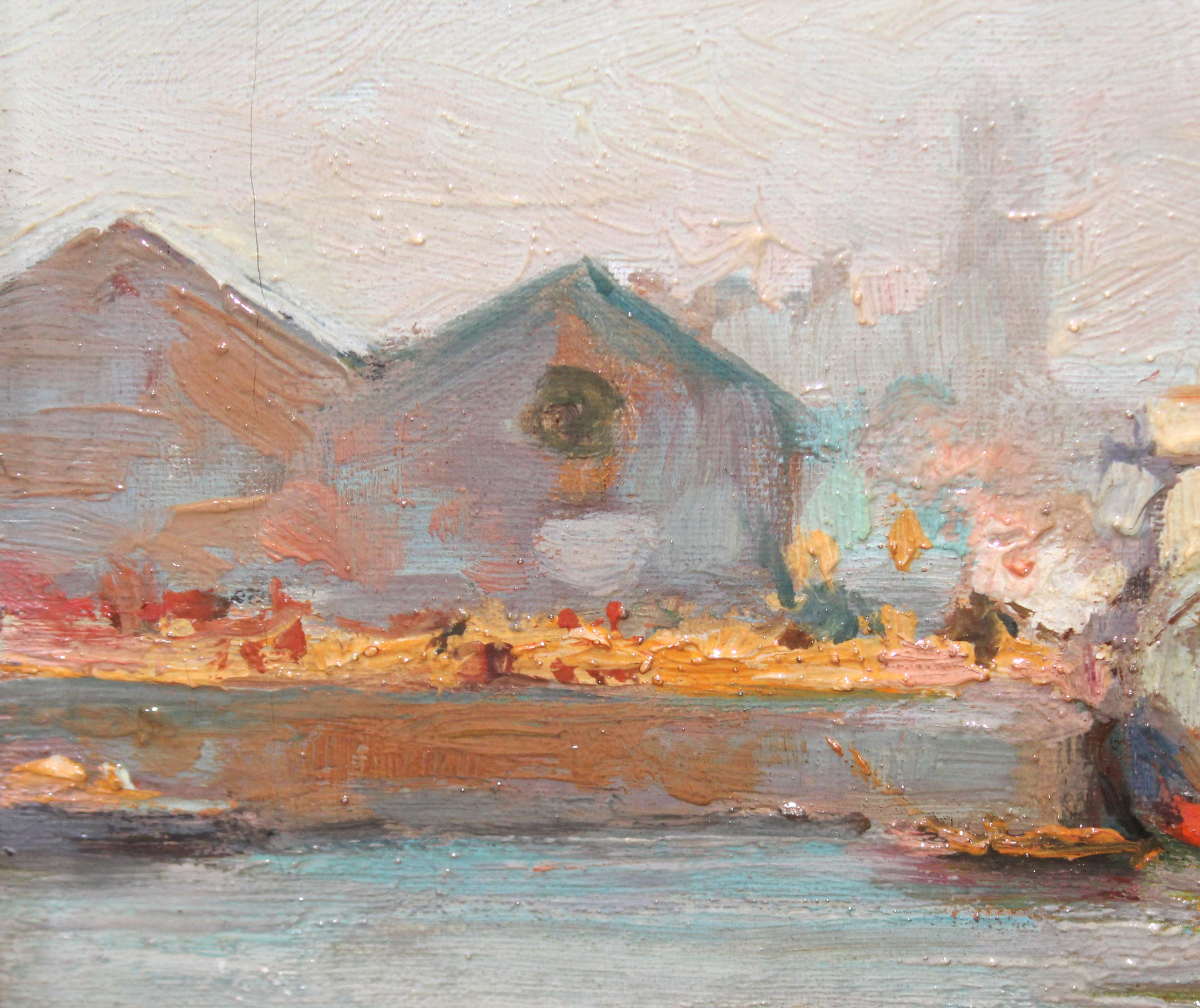 Escena portuaria - Óleo sobre tela - Impressionist Painting by Miguel Navarro Fargas