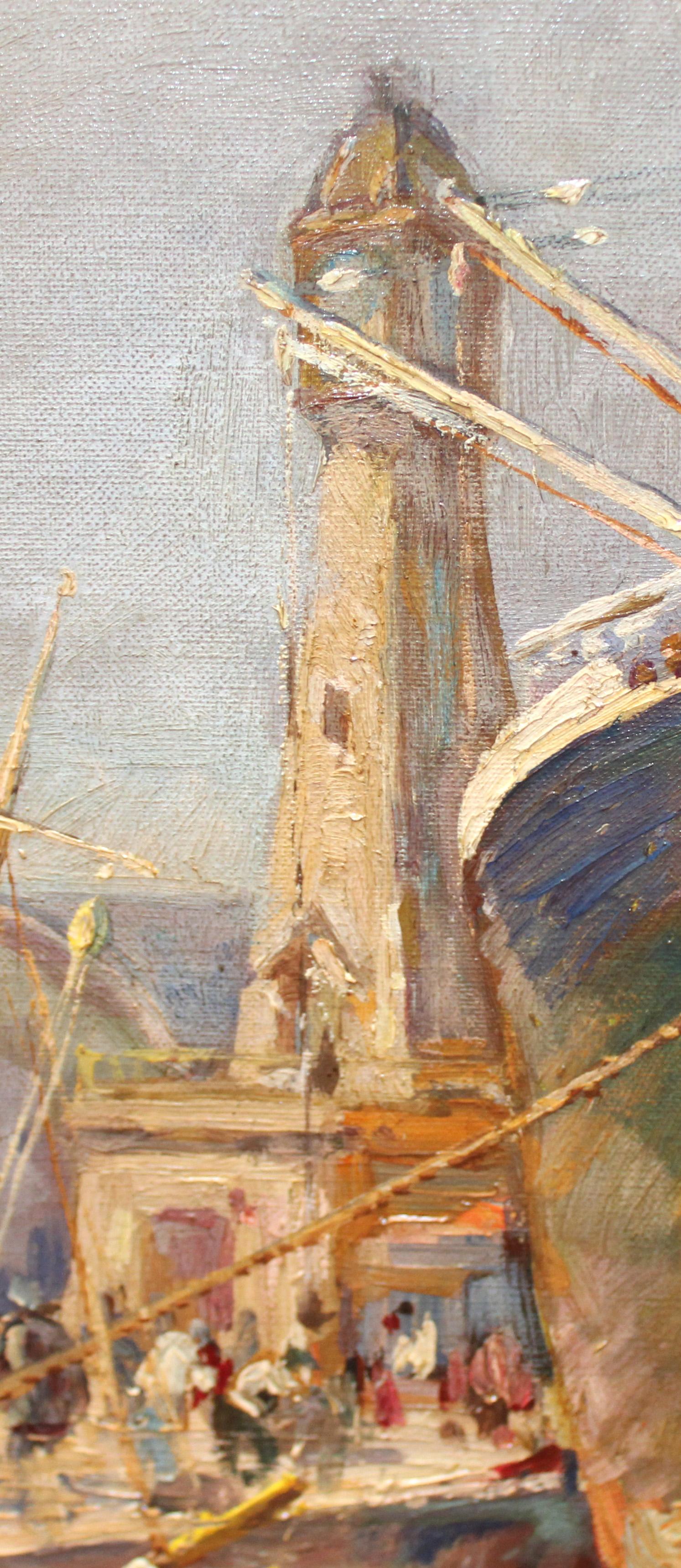 Escena portuaria - Óleo sobre tela - Landscape Painting Marrón de Miguel Navarro Fargas