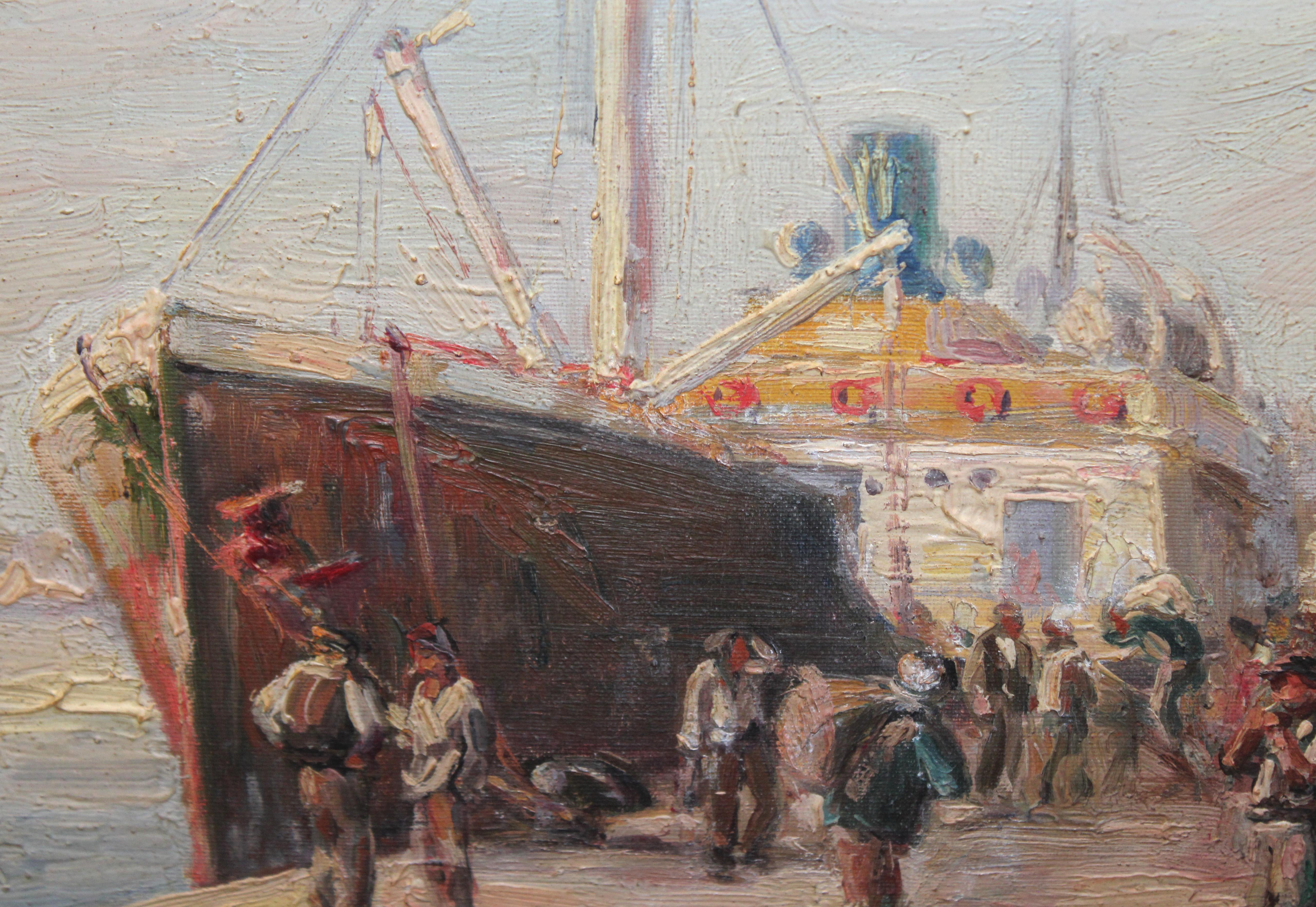 ESperando el embarque - Óleo sobre tela - Landscape Painting Beige de Miguel Navarro Fargas