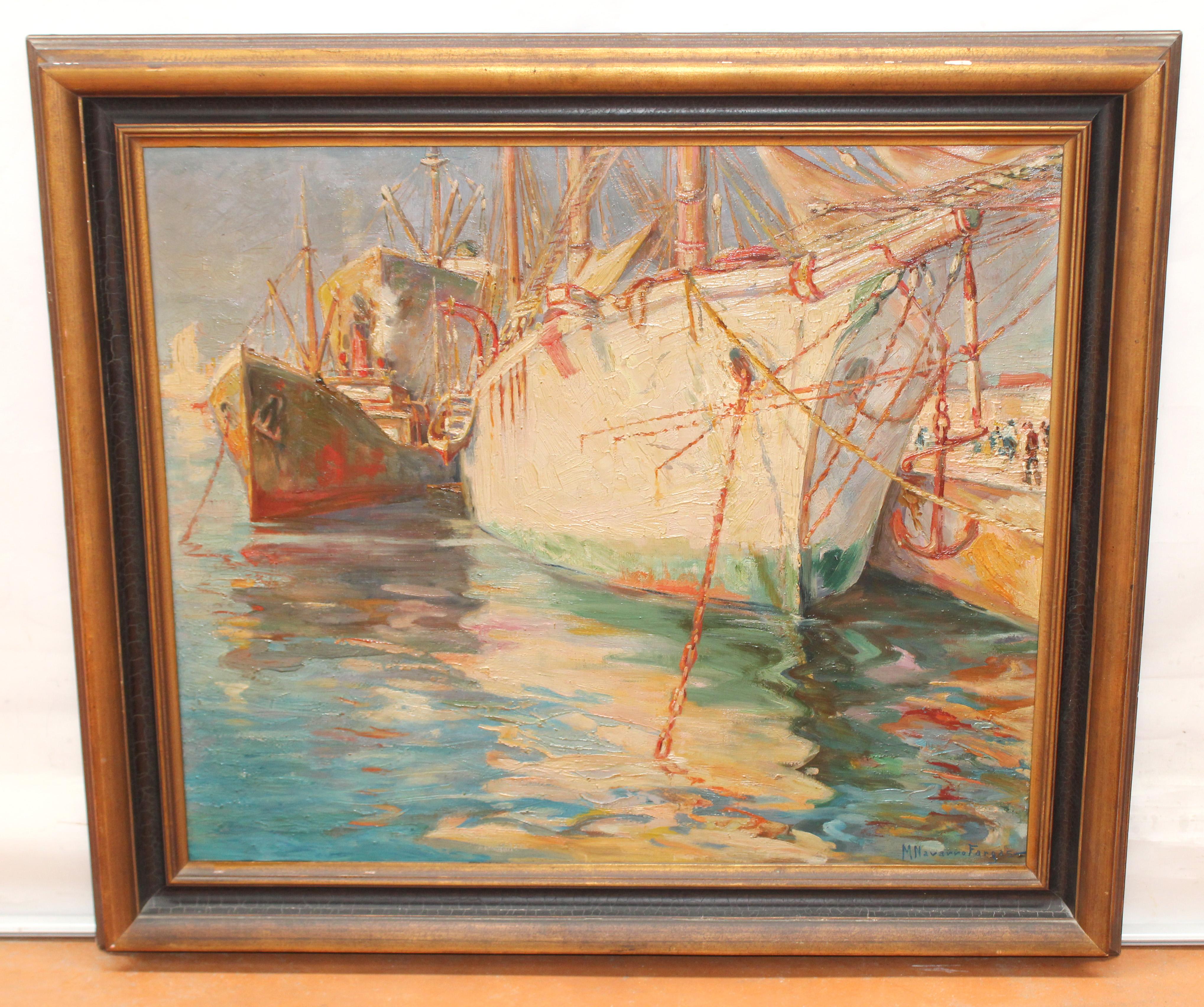 Puerto de Barcelona - Óleo sobre tela - Painting de Miguel Navarro Fargas