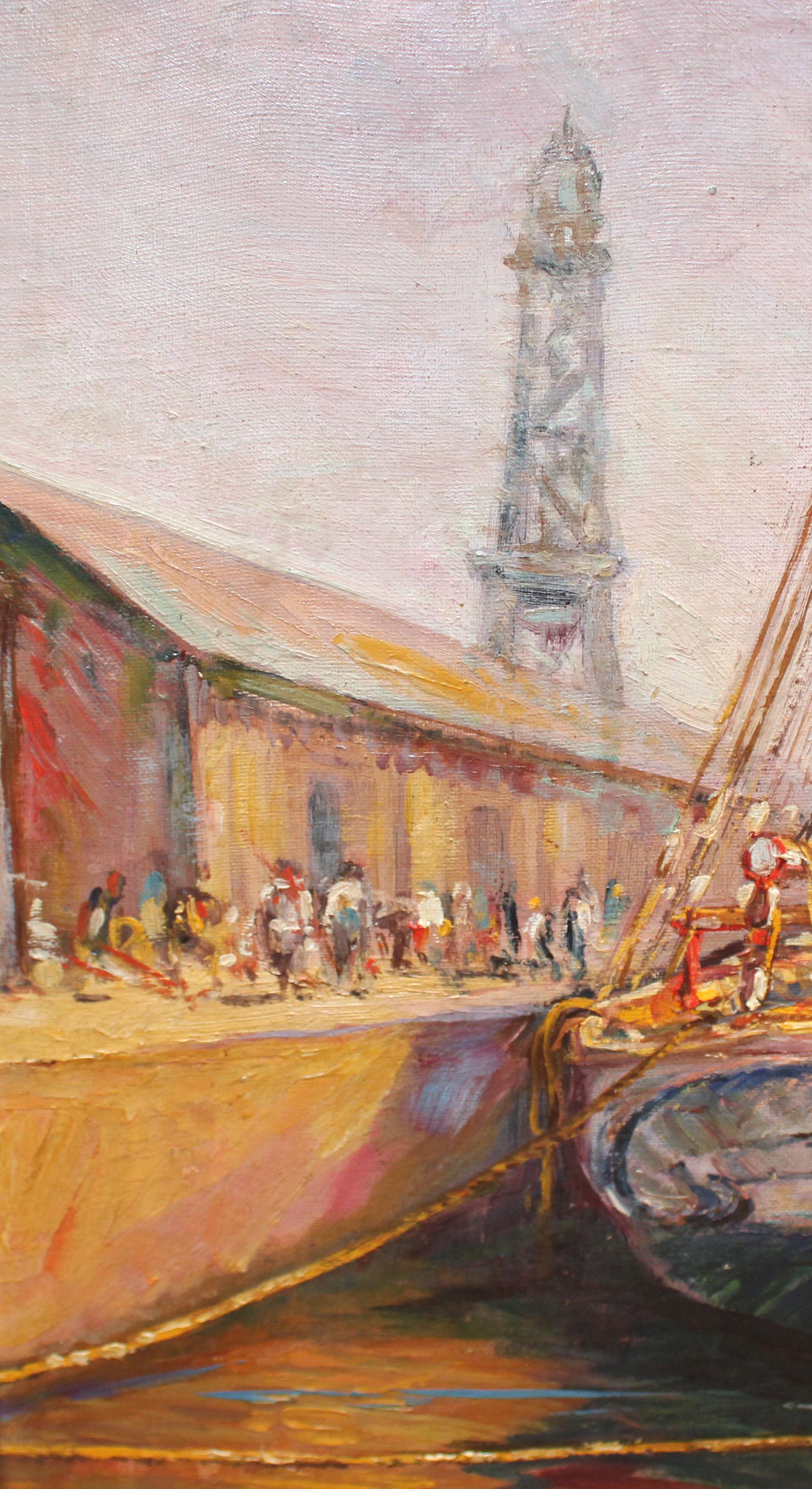 Puerto de Barcelona - Óleo sobre tela - Impressionnisme Painting par Miguel Navarro Fargas