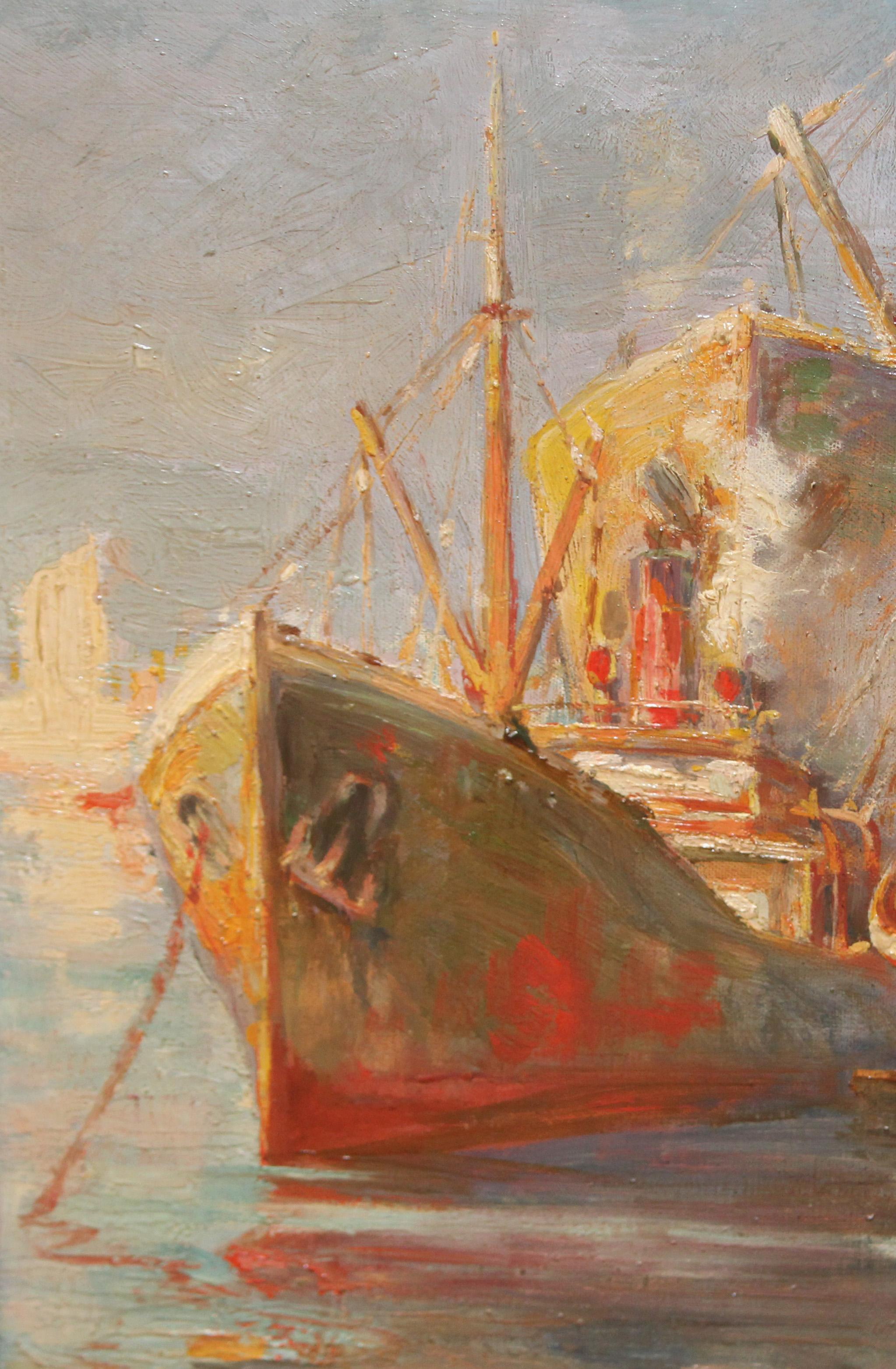 Puerto de Barcelona - Óleo sobre tela - Impressionnisme Painting par Miguel Navarro Fargas