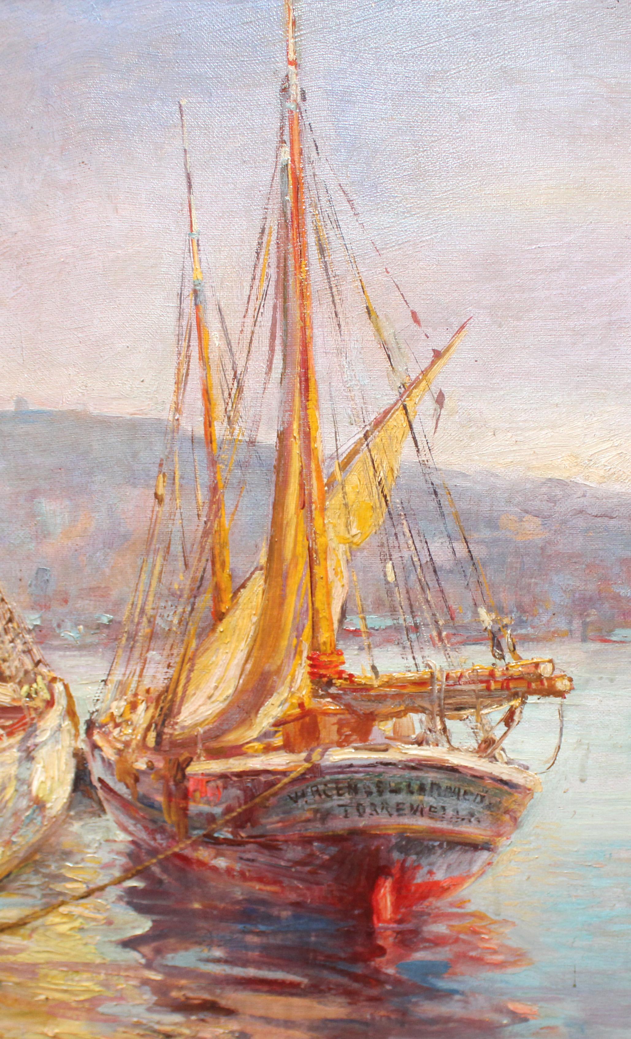 Puerto de Barcelona - Óleo sobre tela - Marron Landscape Painting par Miguel Navarro Fargas