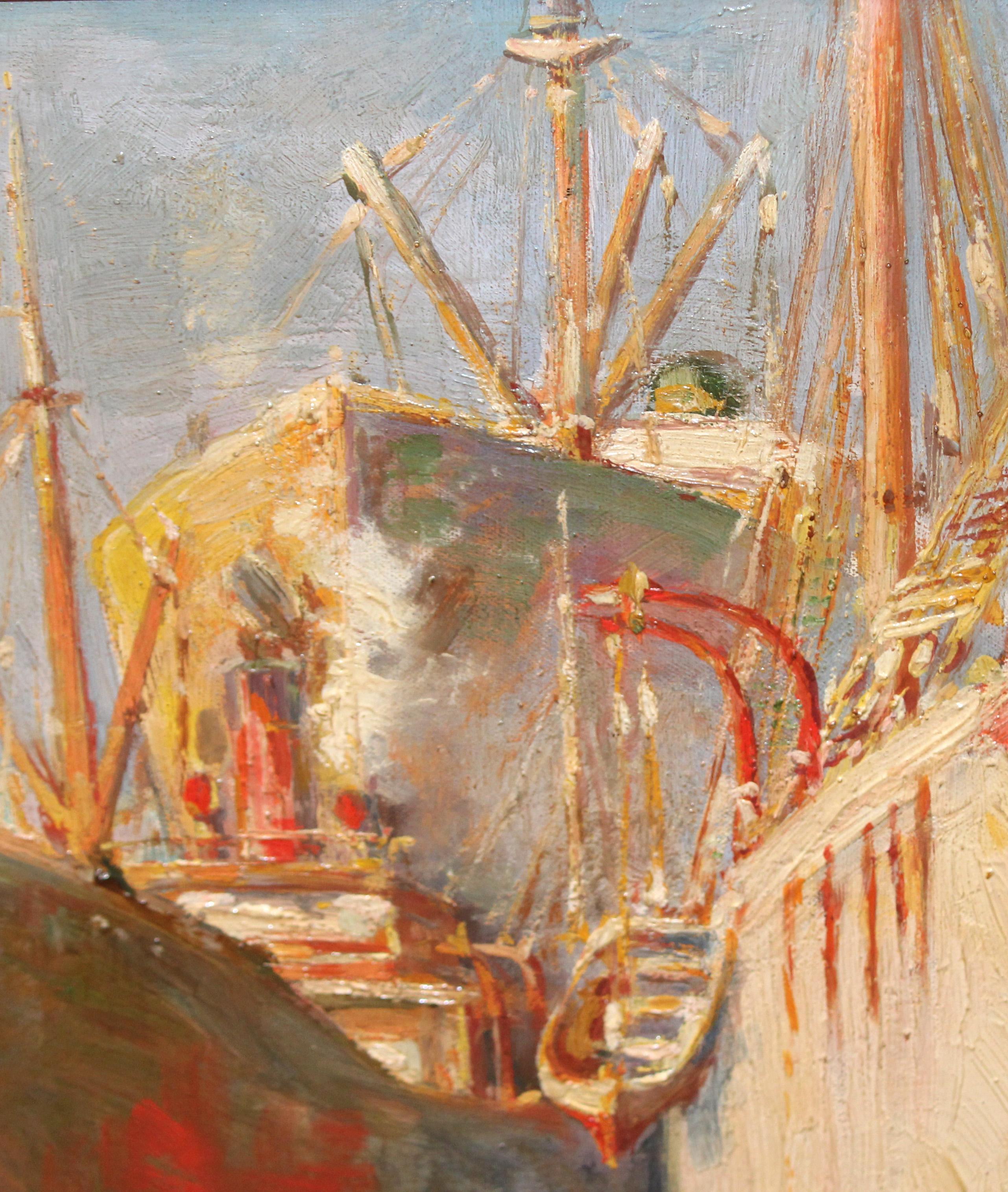 Puerto de Barcelona - Óleo sobre tela - Beige Landscape Painting par Miguel Navarro Fargas