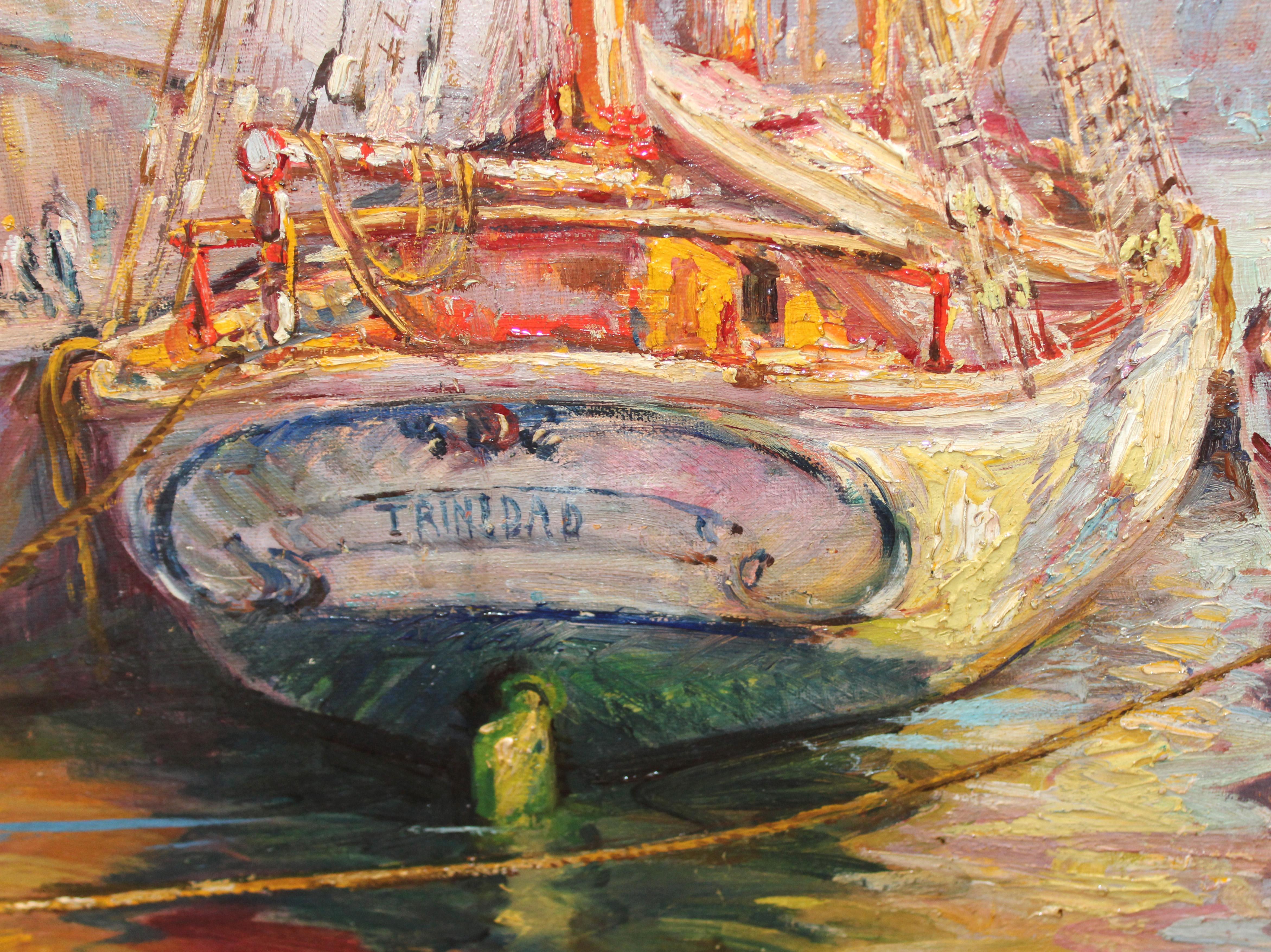 Puerto de Barcelona - Óleo sobre tela en vente 2