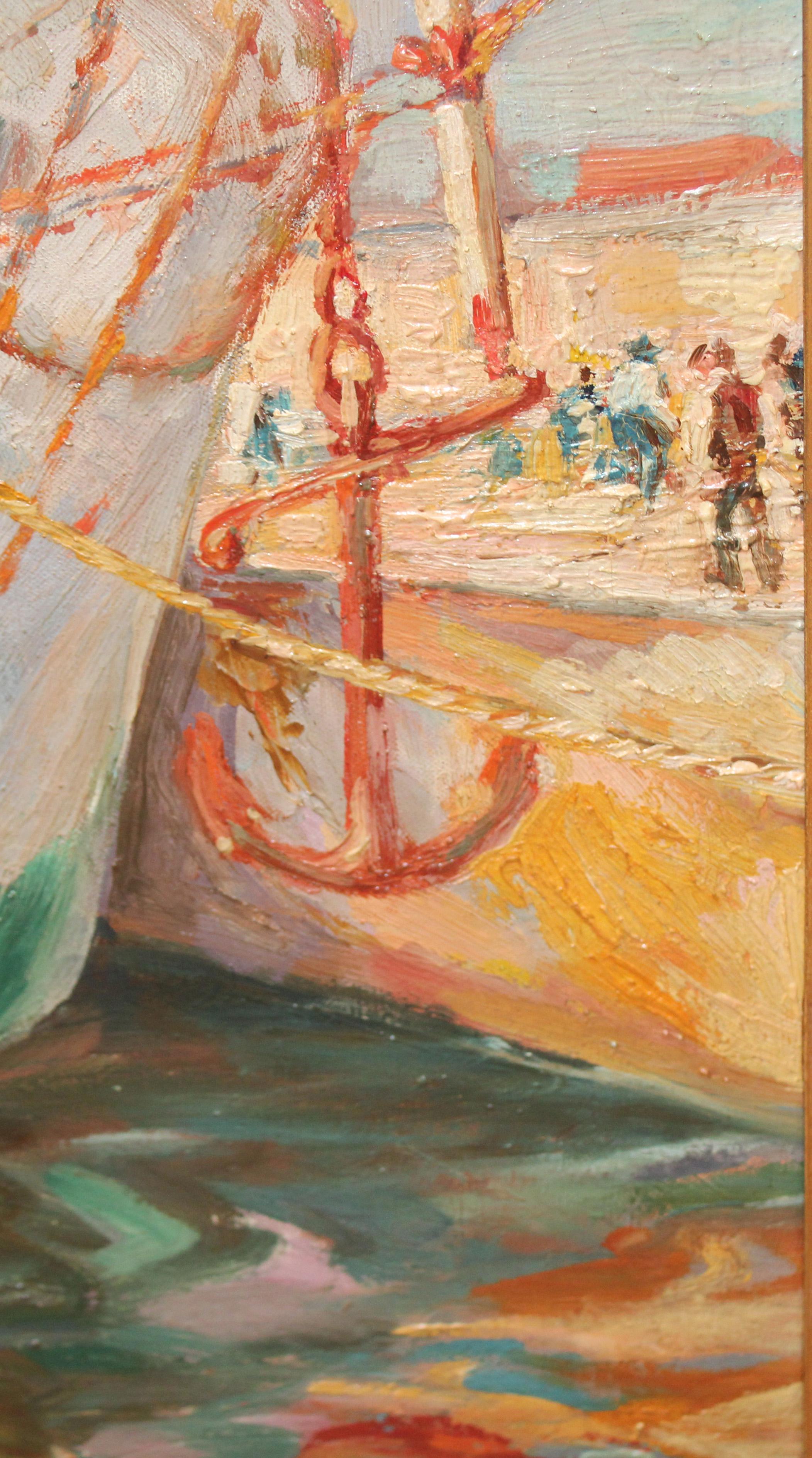 Puerto de Barcelona - Óleo sobre tela en vente 2