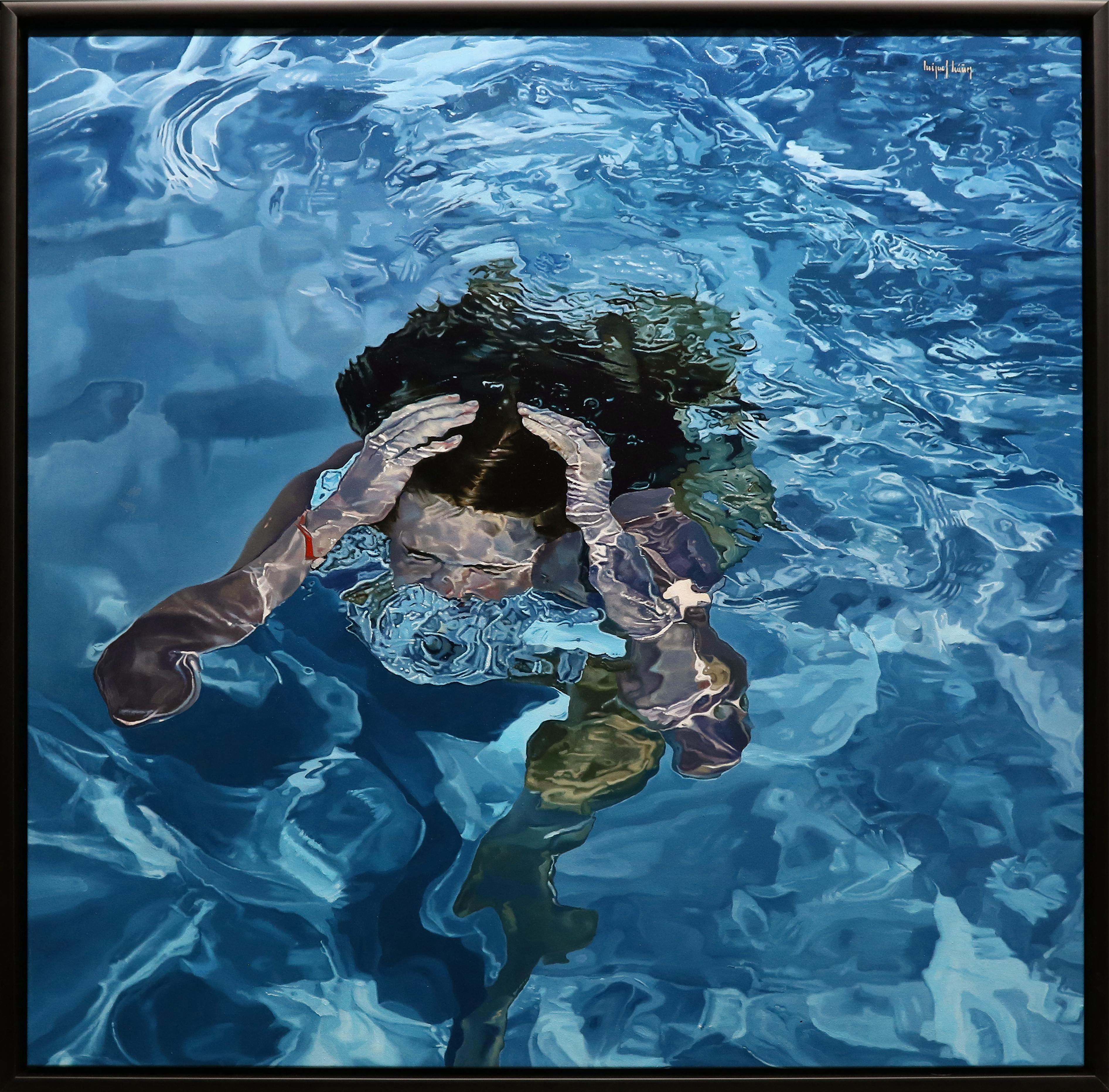 Unterwassersirene, fotorealistisches figuratives Schwimmergemälde, Öl auf Leinwand