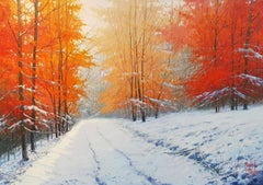 Peinture de paysage contemporaine d'automne et de neige d'un artiste espagnol Miguel Peidro