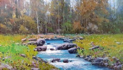 Peinture de paysage contemporaine "Woodland Stream" de l'artiste espagnol Miguel Peidro
