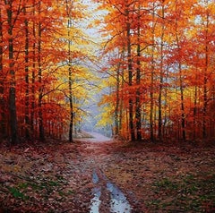 Peinture à l'huile de Miguel Peidro, « Autumn Lushness », 28 x 28 cm, paysage d'automne rouge orangé