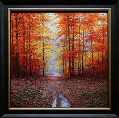 Miguel Peidro, "Lussureggiamento autunnale", pittura a olio 28x28 con paesaggio autunnale rosso-arancione