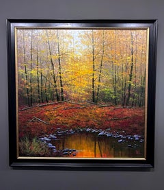 Miguel Peidro, « Autumn Reflections », peinture à l'huile - Paysage d'étang avec arbres d'automne 39x39