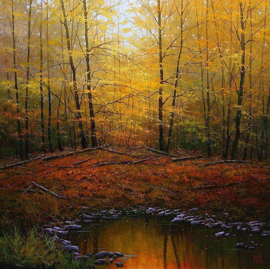 This piece, "Autumn Reflections", is a 39x39 oil painting on canvas by Miguel Peidro. Peidro's use of bold color and contrast stand out against the bright water reflections incorporated into each piece. Feel the rain soaked leaves and wet soil fill