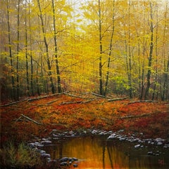 Miguel Peidro, "Reflejos otoñales" 39x39 Árboles otoñales Estanque Paisaje Pintura al óleo