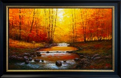 Peinture à l'huile de Miguel Peidro, « By the River », 24 x39 Paysage d'automne bois