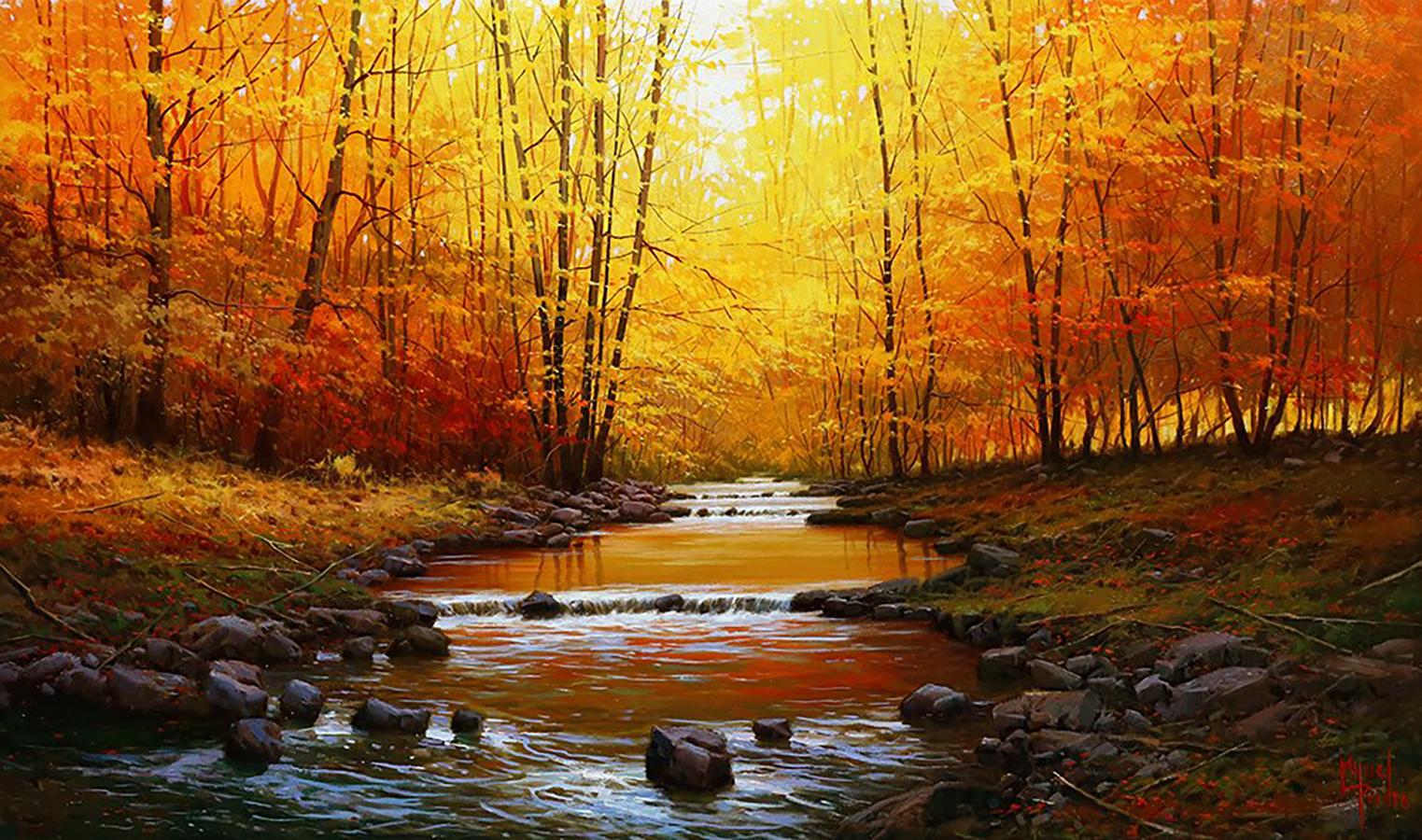 Miguel Peidro, "By the River", 24x39 Autumn Woods Landscape Oil Painting 
