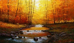 Peinture à l'huile de Miguel Peidro, « By the River », 24 x39 Paysage d'automne bois 