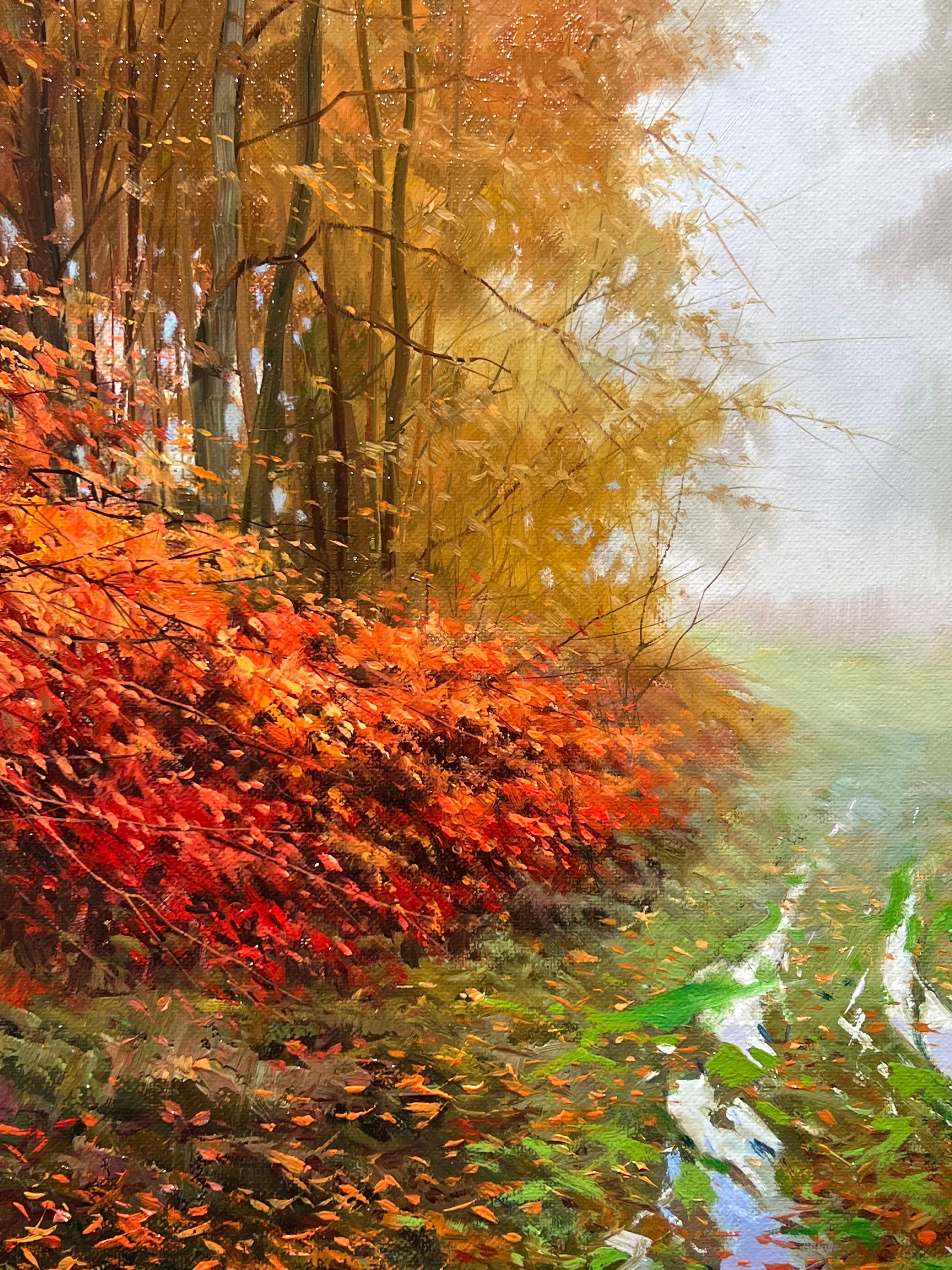 « Color and Fog », peinture à l'huile de Miguel Peidro, paysage de forêt d'automne 18 x 22 en vente 3