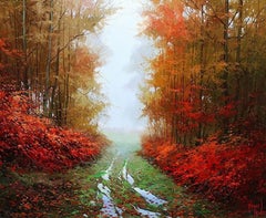 « Color and Fog », peinture à l'huile de Miguel Peidro, paysage de forêt d'automne 18 x 22