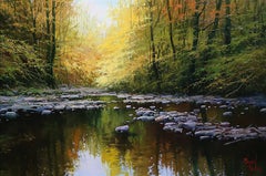 Peinture à l'huile de Miguel Peidro, « River », 18x26 paysage de forêt d'automne