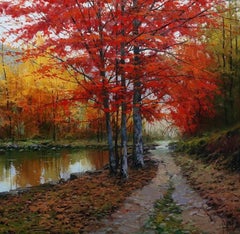 Miguel Peidro, "Mountain Trail" 24x24 Paysage d'automne peinture à l'huile sur toile