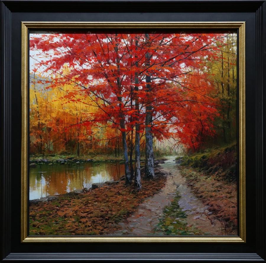 Esta obra, "Sendero de montaña" de Miguel Peidro es un cuadro original al óleo sobre lienzo de 24x24.  Este cuadro representa un camino de tierra en plena estación otoñal, con un brillante follaje naranja y rojo en los árboles circundantes. De