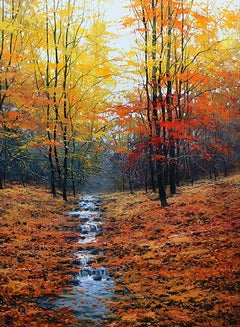 Peinture à l'huile sur toile The Creek, 26x18, paysage d'automne de Miguel Peidro