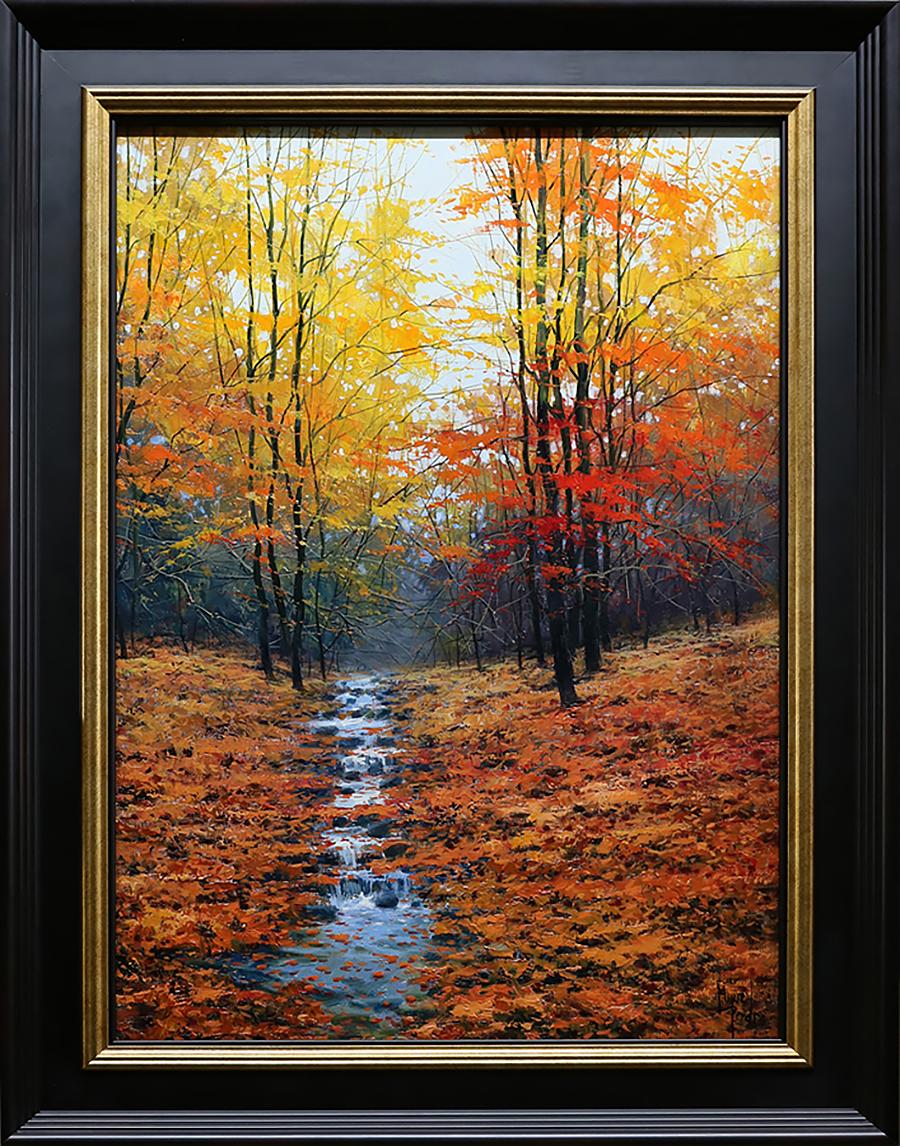 Esta obra, "El arroyo" de Miguel Peidro es un cuadro original al óleo sobre lienzo de 26x18.  Este cuadro representa el lecho estacional de un arroyo con un follaje naranja y rojo brillante en los árboles que lo rodean. De lejos, este cuadro es tan