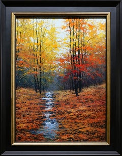 Miguel Peidro, "The Creek" 26x18 Autumn Landscape Oil Painting on Canvas