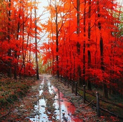 Miguel Peidro, "El bosque en rojo" 20x20 Paisaje otoñal Pintura al óleo sobre lienzo