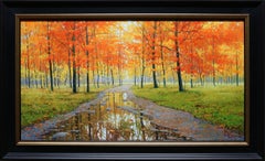 Peinture à l'huile de Miguel Peidro, "Walk Along the Park", 20x35 paysage de forêt d'automne