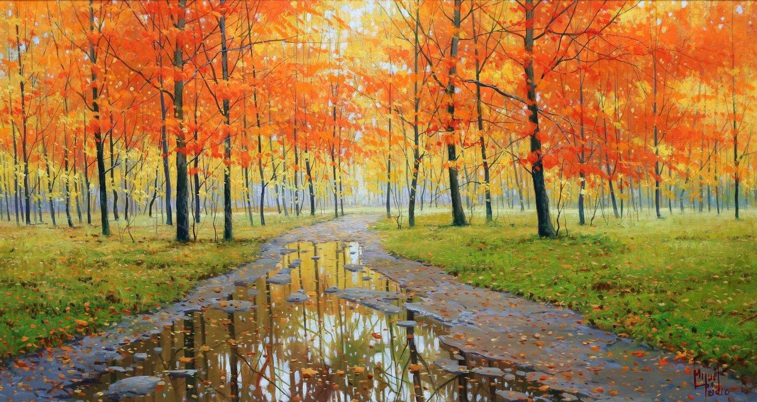 Miguel Peidro, "Walk Along the Park", 20x35 Autumn Forest Landscape Oil Painting
