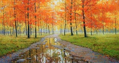 Peinture à l'huile de Miguel Peidro, "Walk Along the Park", 20x35 paysage de forêt d'automne