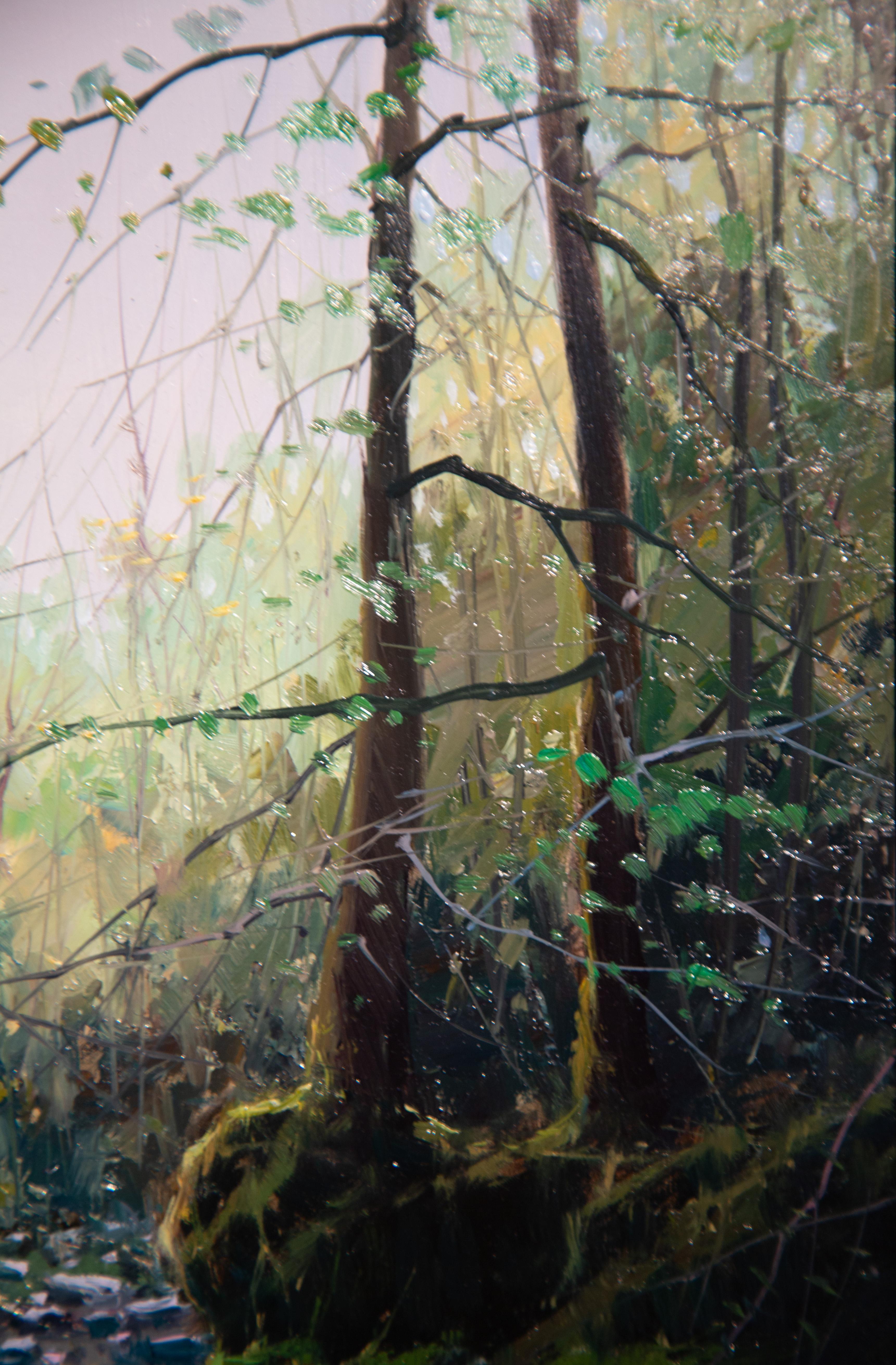 'Tranquility' contemporary photorealist painting of the woods, river, trees - Impressionist Painting by Miguel Piedro