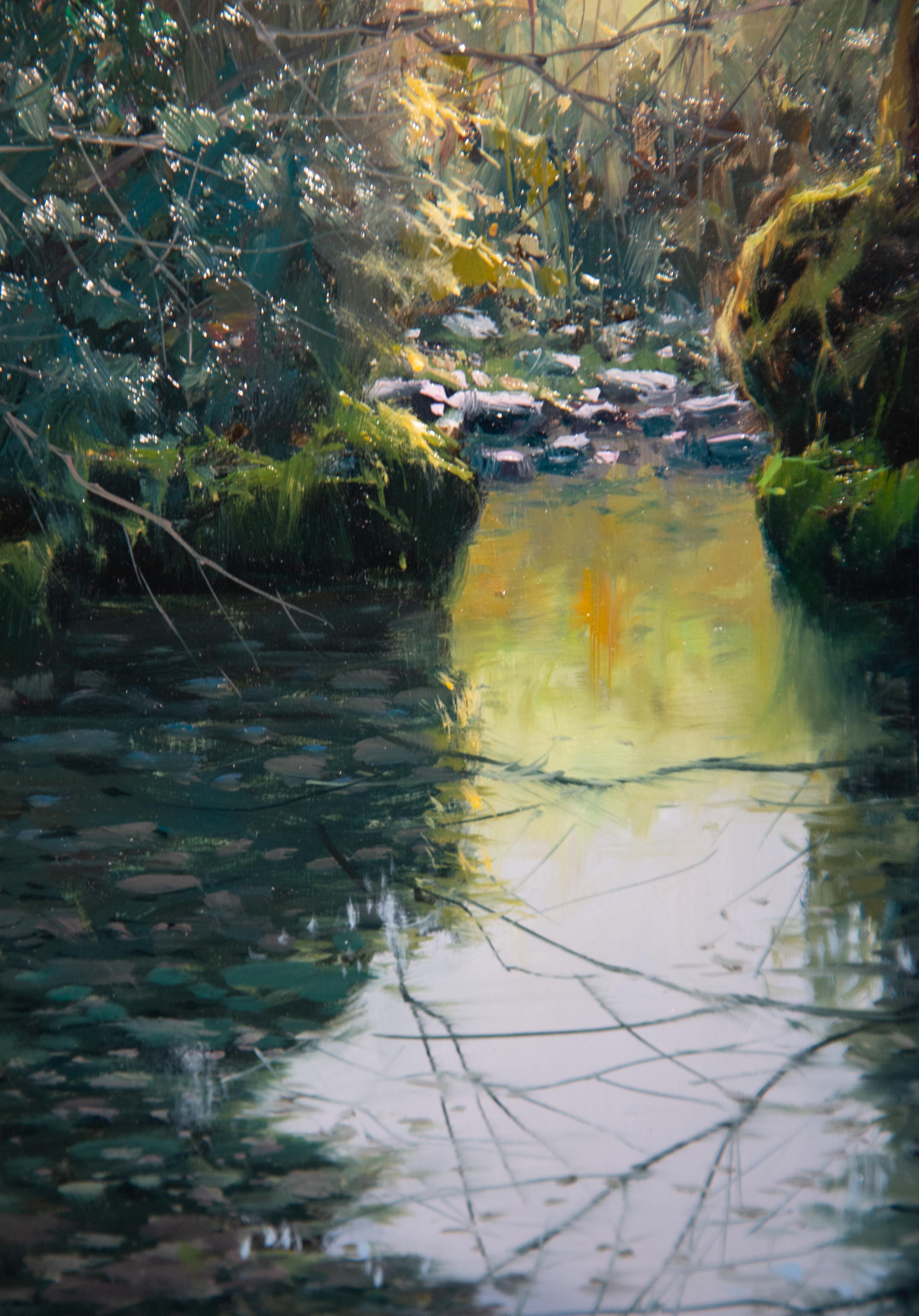 'Tranquility' contemporary photorealist painting of the woods, river, trees For Sale 1
