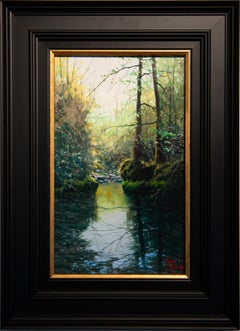 'Tranquillité' peinture photoréaliste contemporaine des bois, de la rivière, des arbres