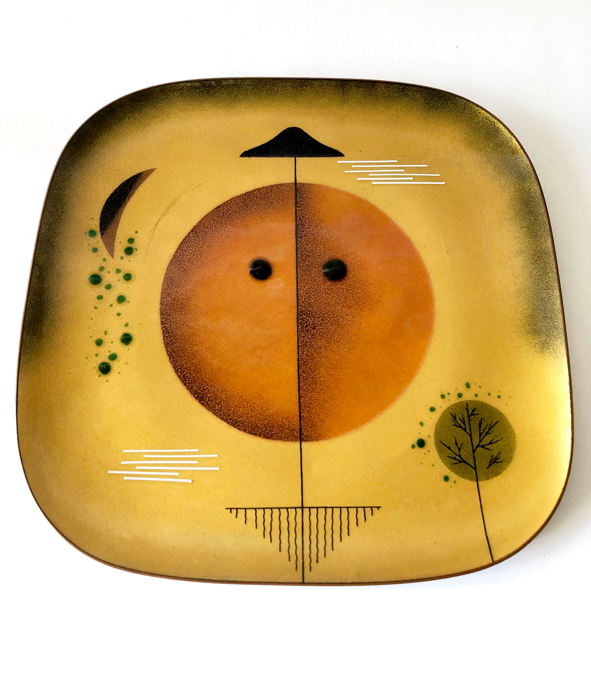 Mexican modernist copper enamel plate created by Miguel Pineda of Mexico City, Mexico. Piece measures 10.75