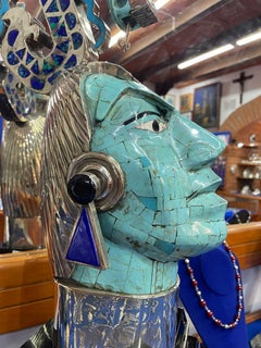 Miguel Pineda Escultura de plata "Dios Pacal" con incrustaciones de turquesa y lapislázuli